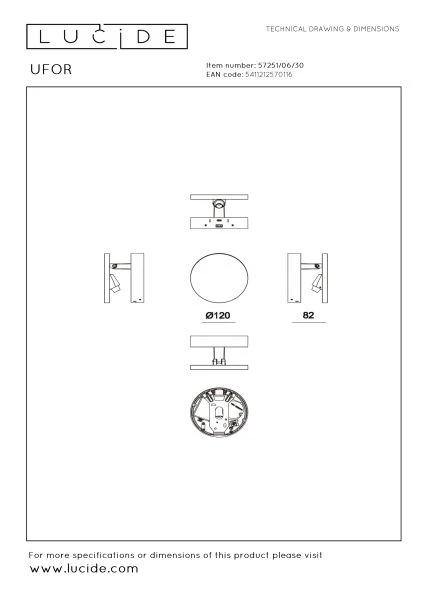 Lucide Premium UFOR - Applique murale - Ø 12 cm - LED Dim to warm - 1800K/3000K - Noir - technique